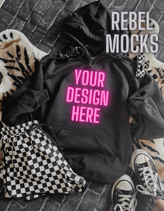 Black Hoodie Checkered EDGY Mock Up flat lay