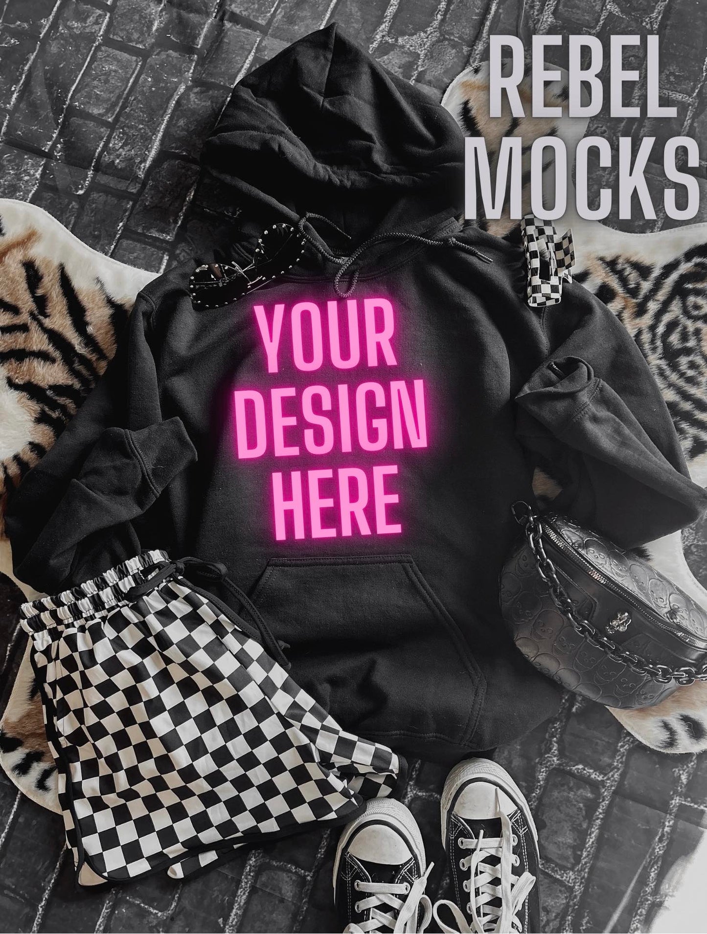 BUNDLE 3 Mocks Black Hoodie Checkered EDGY Mock Up flat lay and IRL