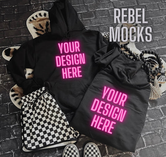 Black Hoodie Front and Back Mock Up Flat lay Edgy