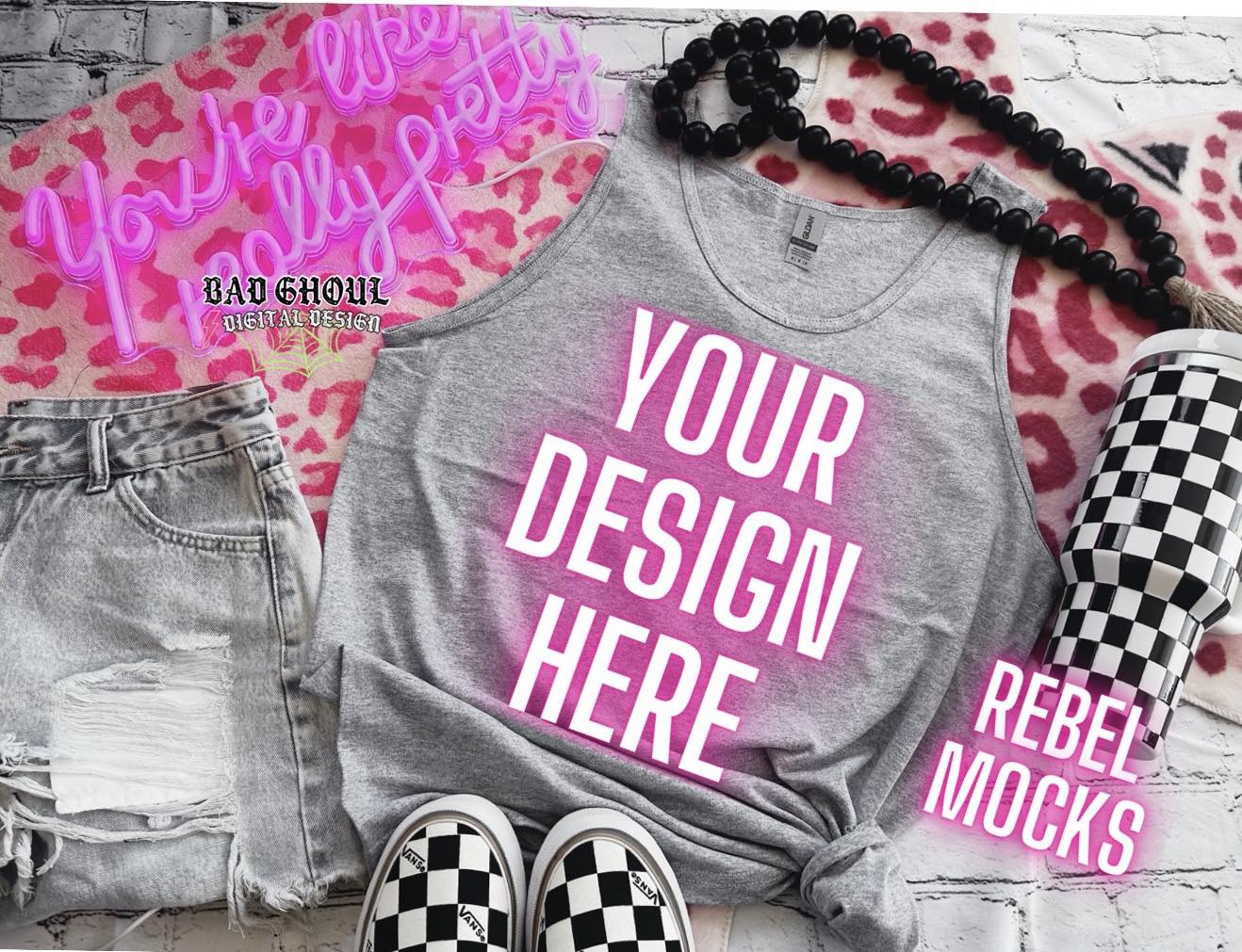Gray Gildan Tank Flat Lay Tank Trendy Vibez Flat Lay Mock up