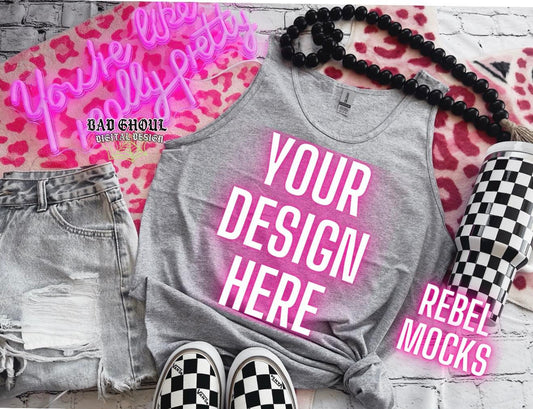 Gray Gildan Tank Flat Lay Tank Trendy Vibez Flat Lay Mock up