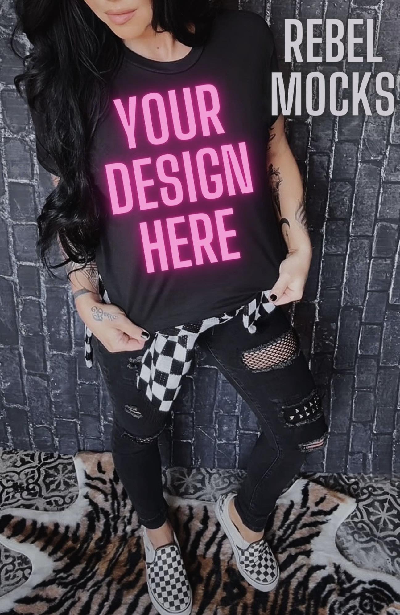 BUNDLE 3 MOCKS Grunge Alt  MODEL MOCK DARK EDGY Black Tee Mock Up