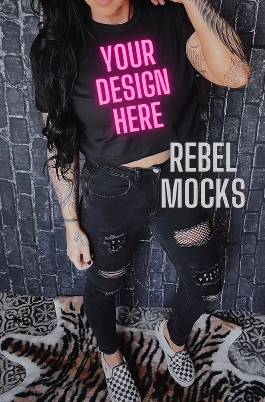 Grunge Alt  MODEL MOCK DARK EDGY Black Tee Mock Up