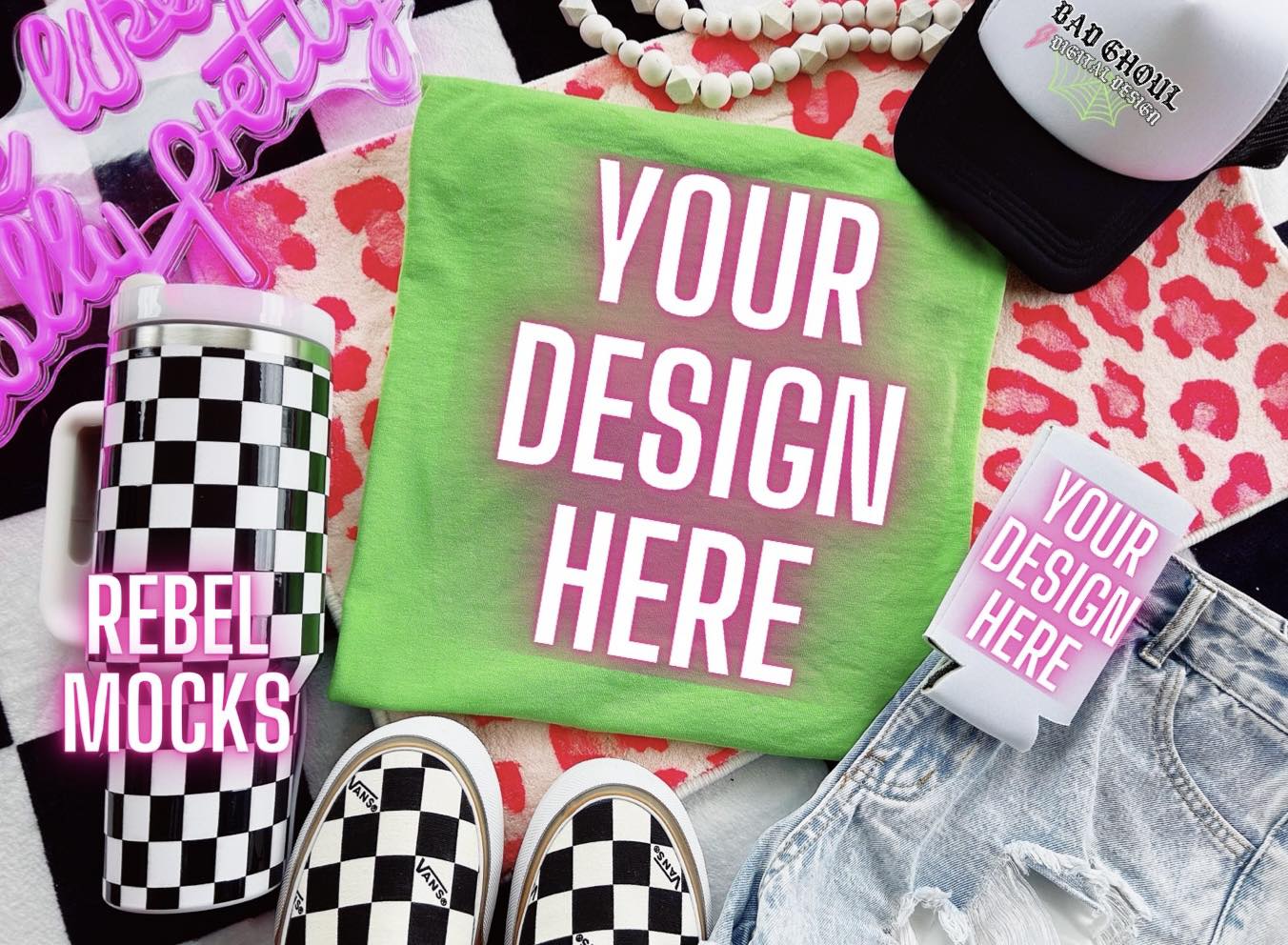 Gildan Lime hat and Koozie Trendy Vibez Flat Lay Mock up