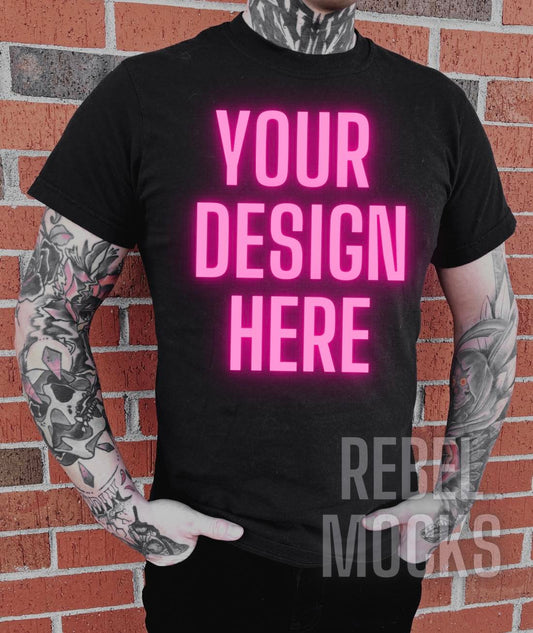 Mens Black Tee Edgy Trendy Mock Up Alternative Style Tattoo