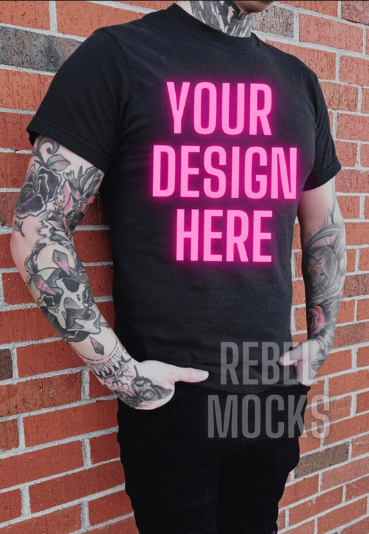 Mens Black Tee Edgy Trendy Mock Up Alternative Style Tattoo