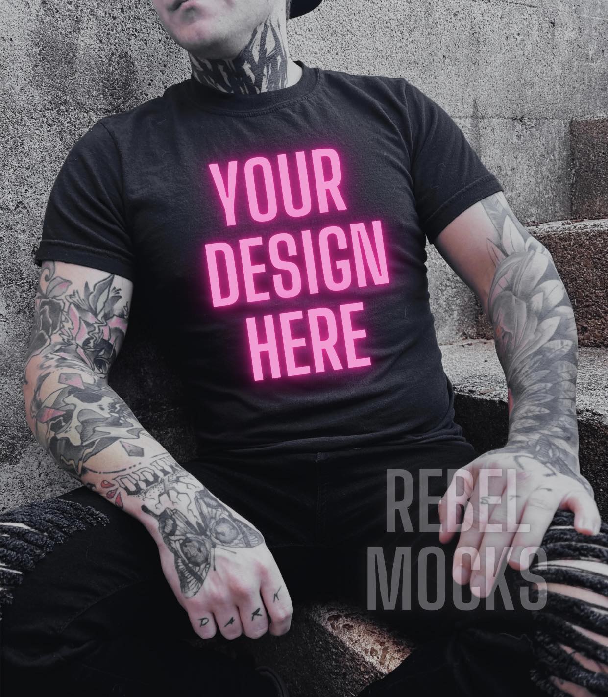 Mens Black Tee Edgy Trendy Mock Up Alternative Style Tattoo