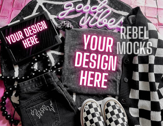 Mineral Wash tee and Ipad Flat Lay Mock Up Alternative Edgy Checkered