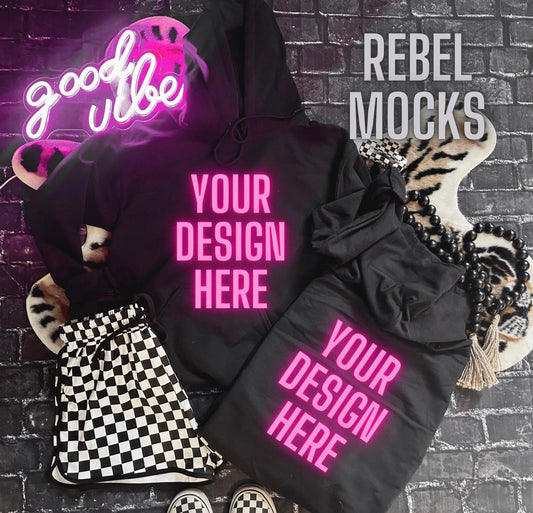 Black Hoodie Front and Back Mock Up Flat lay Edgy
