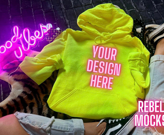 Neon Yellow Hoodie Edgy Trendy Flat Lay Mock up