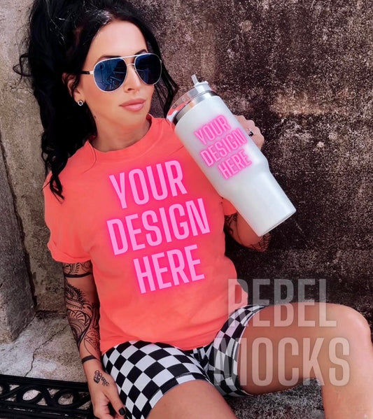 Neon Red Orange Tee and Cup Alternative Edgy Trendy Mock Up