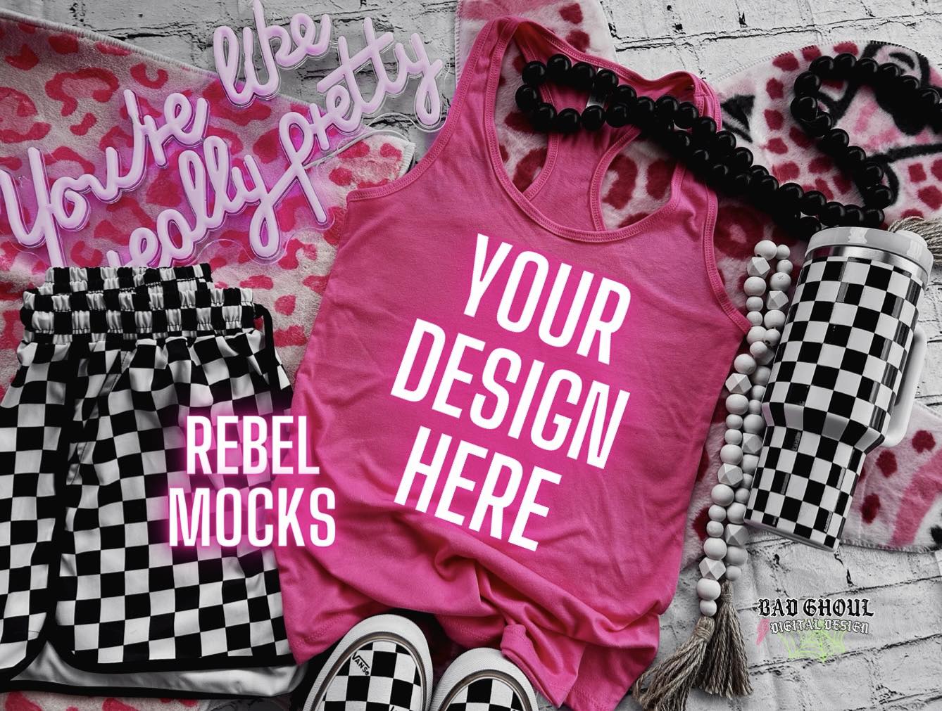 Pink Next Level Tank Trendy Vibez Flat Lay Mock up