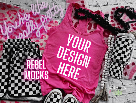 Pink Next Level Tank Trendy Vibez Flat Lay Mock up