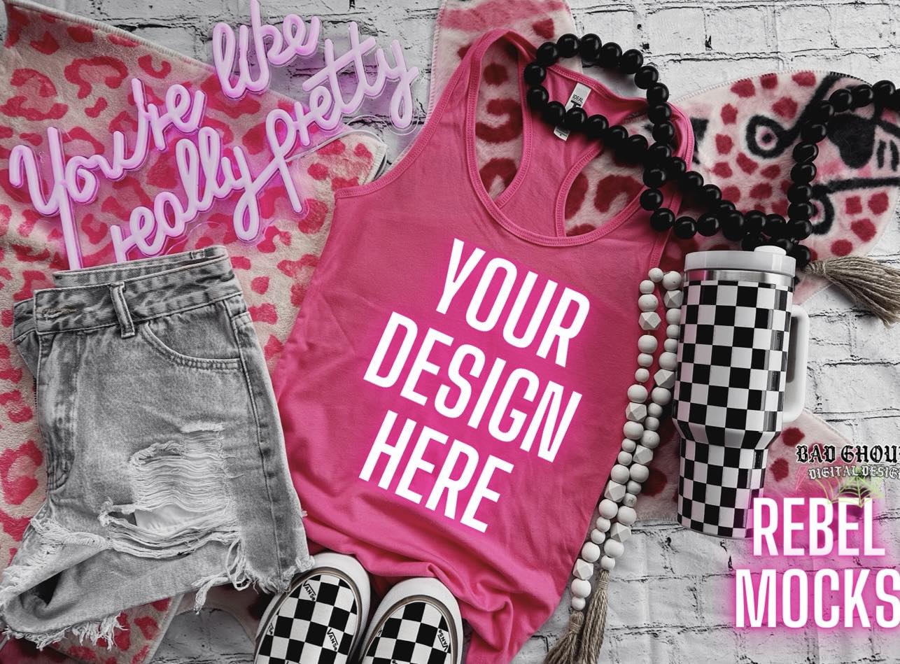 Next Level Tank PINK Trendy Vibez Flat Lay Mock up