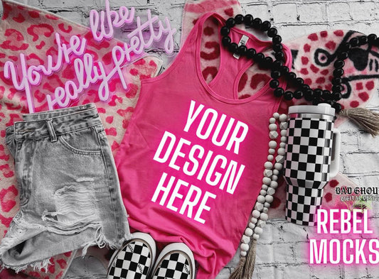 Next Level Tank PINK Trendy Vibez Flat Lay Mock up