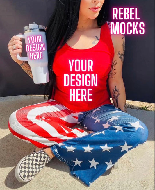 Patriotic Red White and Blue Tank and Tumbler Mockup IRL