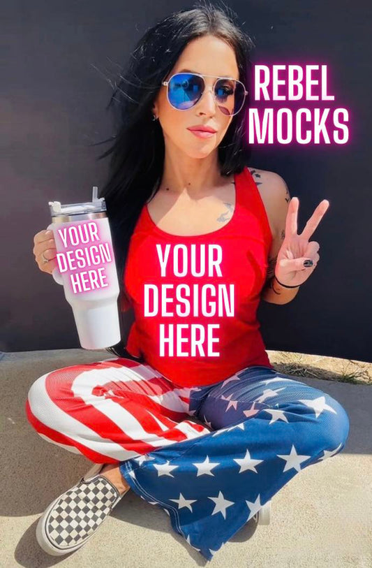 Patriotic Red White and Blue Tank and Tumbler Mockup IRL