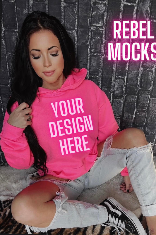 Neon Pink Hoodie Edgy Trendy Model Mock up