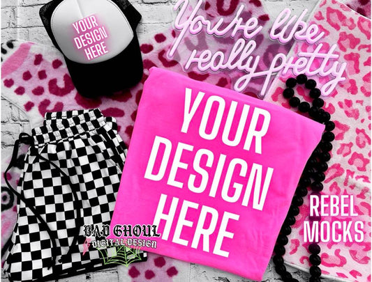 Neon PINK  CC Tee Trendy Vibez Flat Lay Mock up