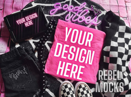 Flat Lay PINK Tee and iPad Mock Up Alternative Edgy Checkered