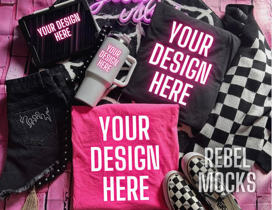 Flat Lay PINK and Black Tee Tumbler and iPad Mock Up Alternative Edgy Checkered