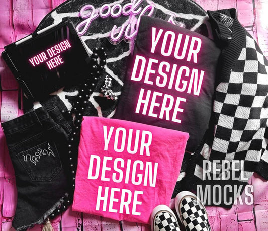 Flat Lay PINK and Black Tee and iPad Mock Up Alternative Edgy Checkered