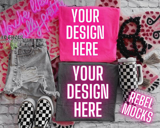 Neon PINK and Pepper CC Tee Trendy Vibez Flat Lay Mock up
