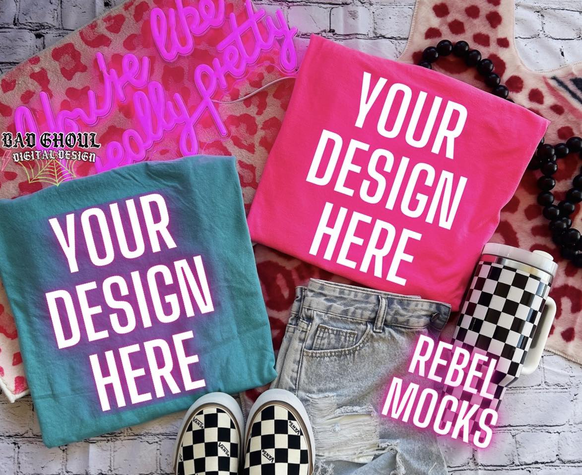 Neon PINK and chalky Mint CC Tee Trendy Vibez Flat Lay Mock up