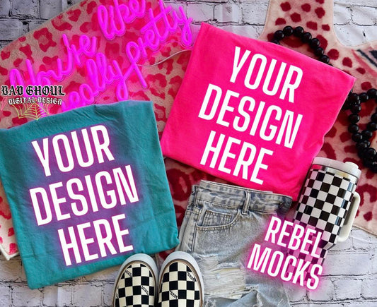 Neon PINK and chalky Mint CC Tee Trendy Vibez Flat Lay Mock up
