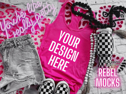 Next Level Raspberry Tank Trendy Vibez Flat Lay Mock up