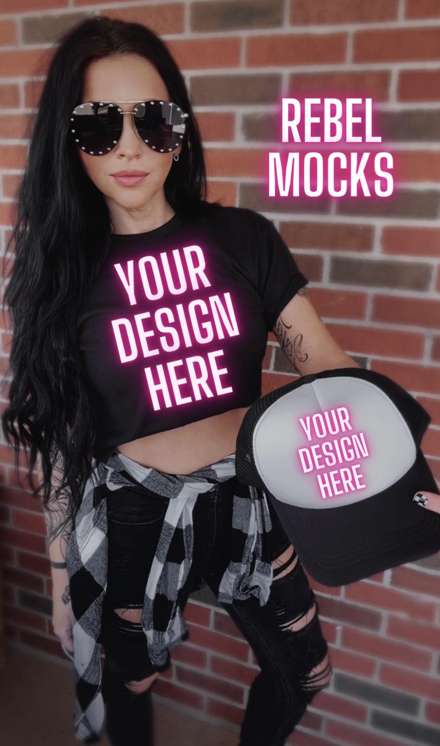 Rebel IRL MODEL MOCK EDGY AF Mock Up Black Tee and Trucker Hat