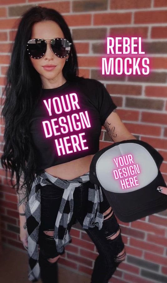 Rebel IRL MODEL MOCK EDGY AF Mock Up Black Tee and Trucker Hat