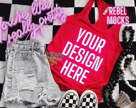 Next Level Red Tank Trendy Vibez Flat Lay Mock up
