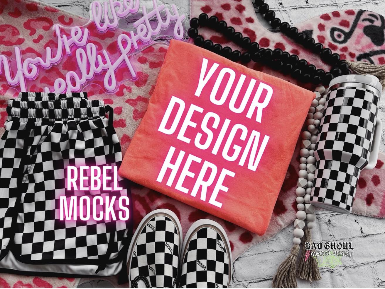 CC Neon Red Orange Trendy Vibez Flat Lay Mock up