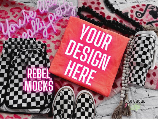 CC Neon Red Orange Trendy Vibez Flat Lay Mock up