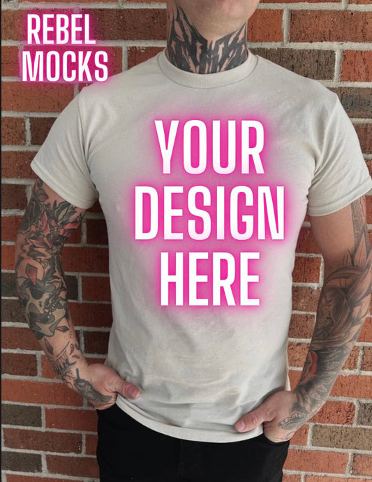 Mens Sand Tee Mock Up IRL Alternative Edgy tattoo
