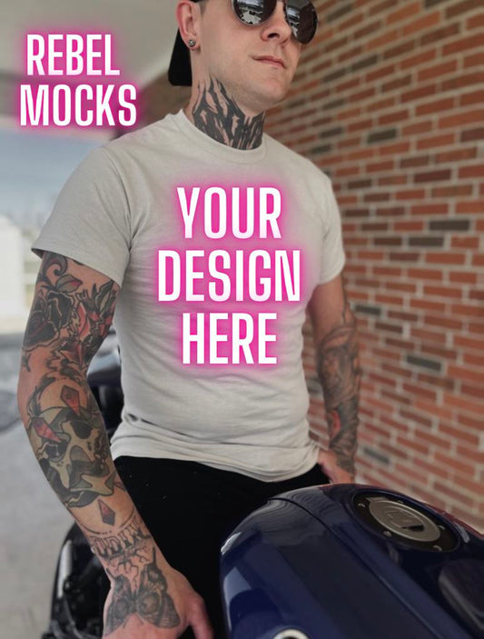 Mens Sand Tee Mock Up IRL Alternative Edgy tattoo