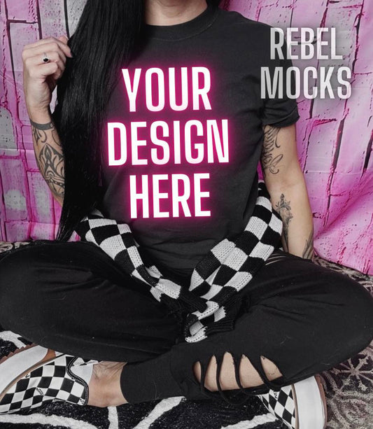 Black tee Edgy Trendy IRL Model Mock Up Checkered