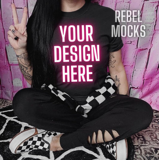 Sitting Peace Black tee Edgy Trendy IRL Model Mock Up Checkered