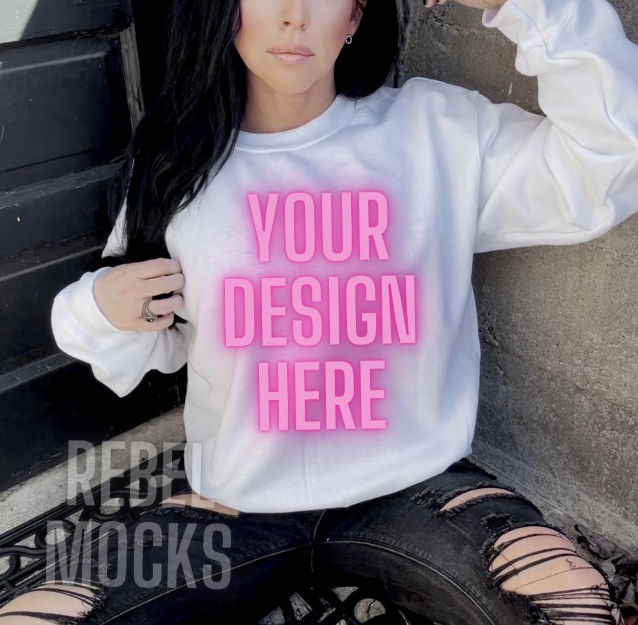 Model IRL White Crew Sweatshirt Trendy Mock Up