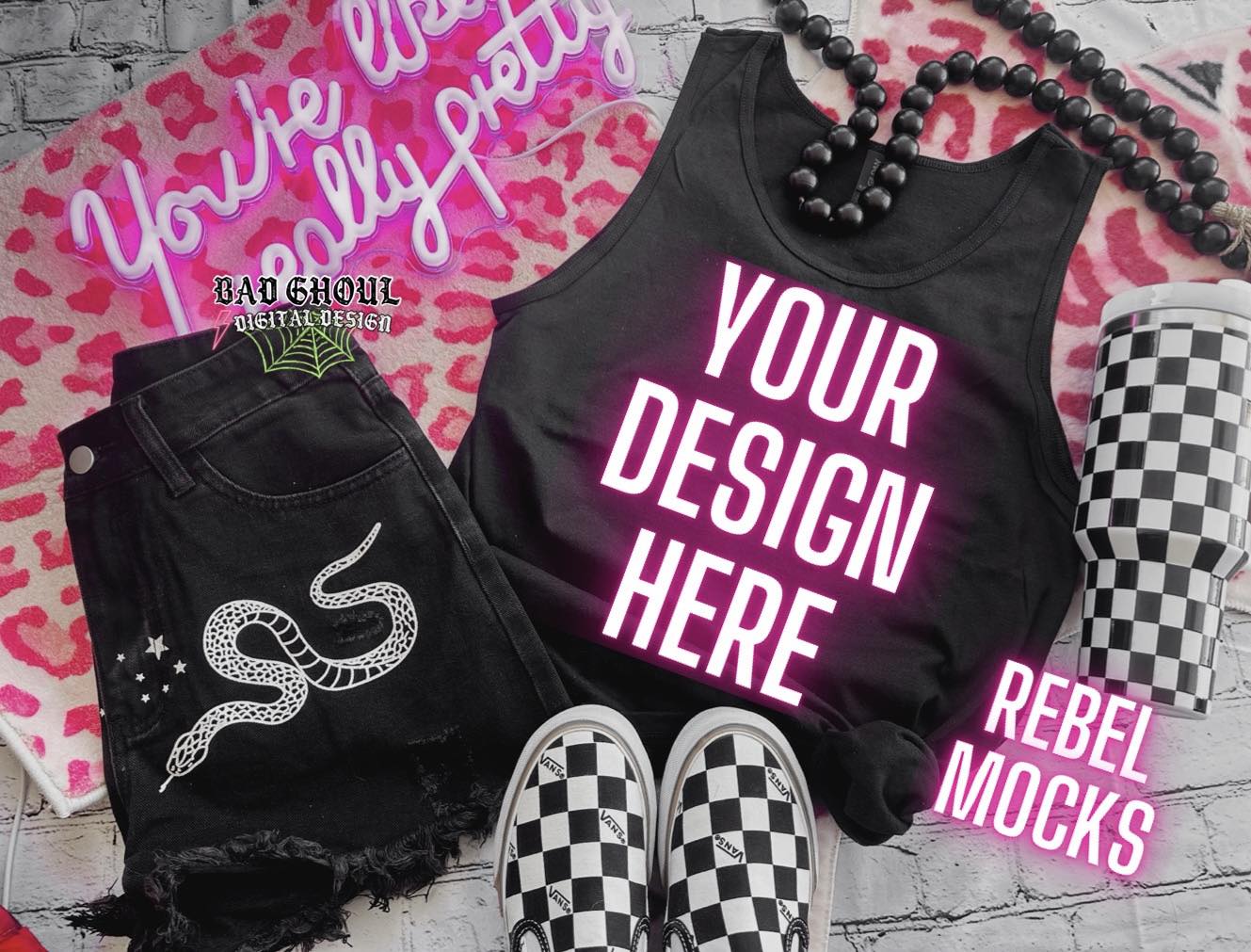 Gildan Black Tank Top Trendy Vibez Flat Lay Mock Up