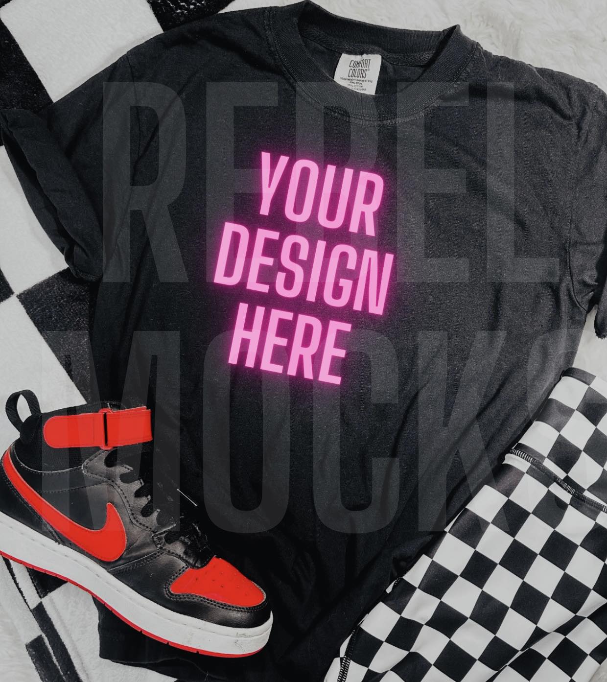 Sneakers and Black CC Tee Flat Lay Trendy Mock Up