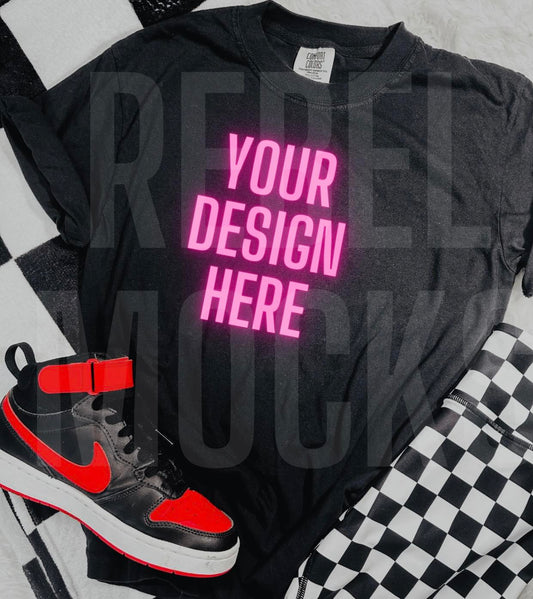 Sneakers and Black CC Tee Flat Lay Trendy Mock Up