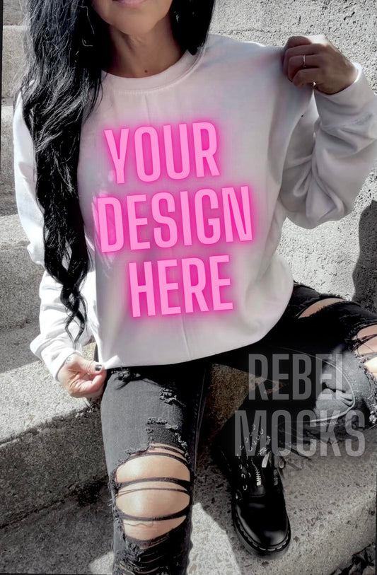 White Crew Sweatshirt Trendy Mock Up