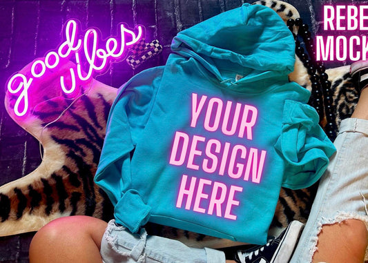 Bundle 2 Mocks Scuba Blue Hoodie Edgy Trendy Flat Lay and Model Mock up