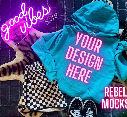 Scuba Blue Hoodie Edgy Trendy Flat Lay Mock up