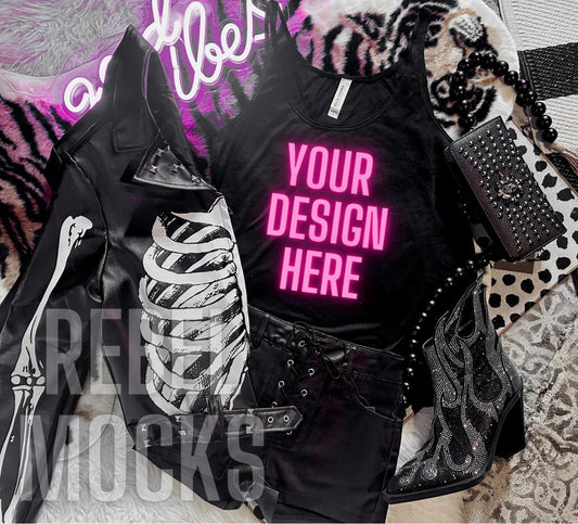 2 MOCK Bundle Black Tank and Leather Jacket Alternative Mock Up flat lay