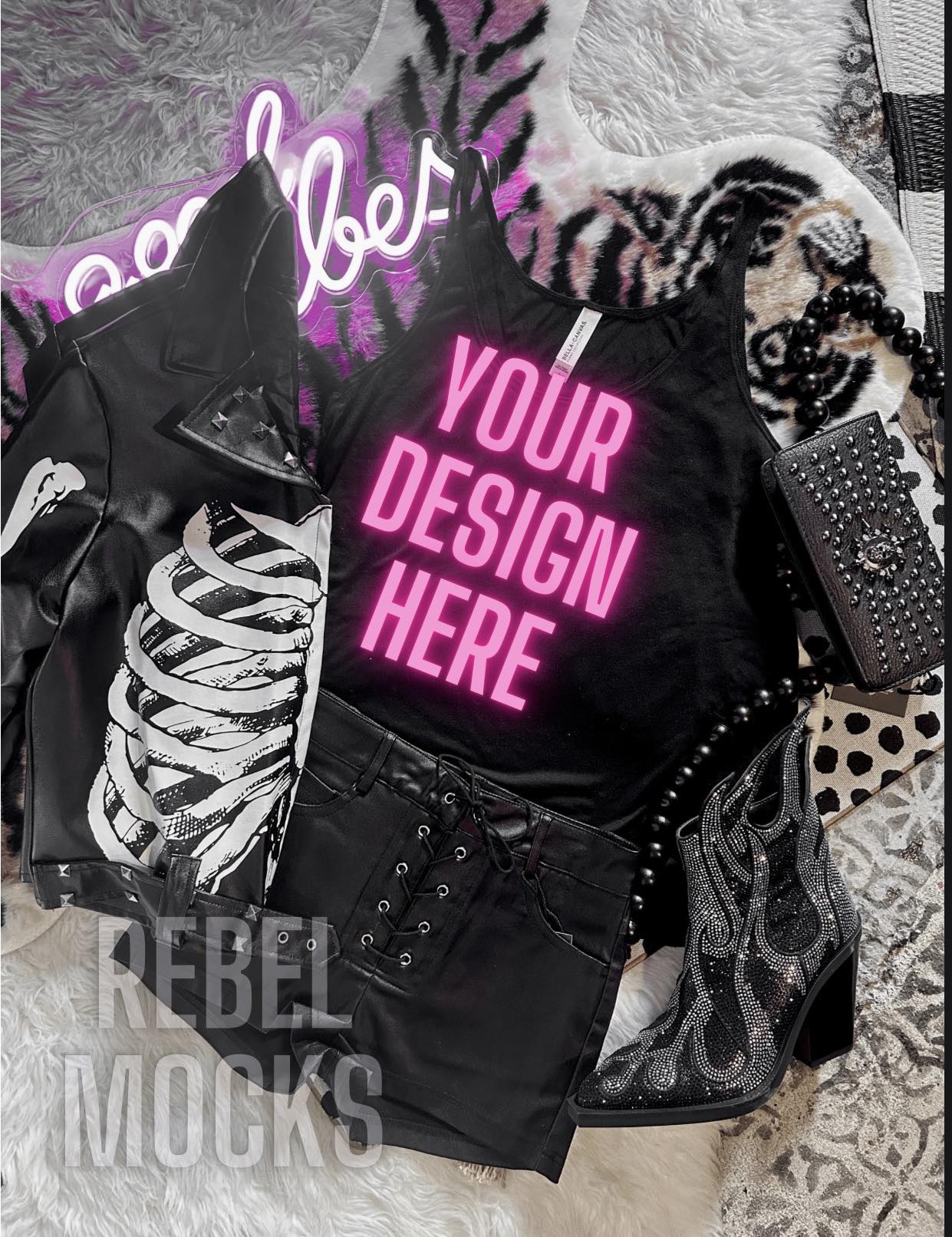 2 MOCK Bundle Black Tank and Leather Jacket Alternative Mock Up flat lay