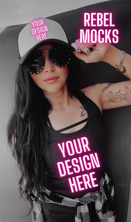 Rebel Vibes IRL MODEL MOCK EDGY AF Mock Up Black Tank and Trucker Hat