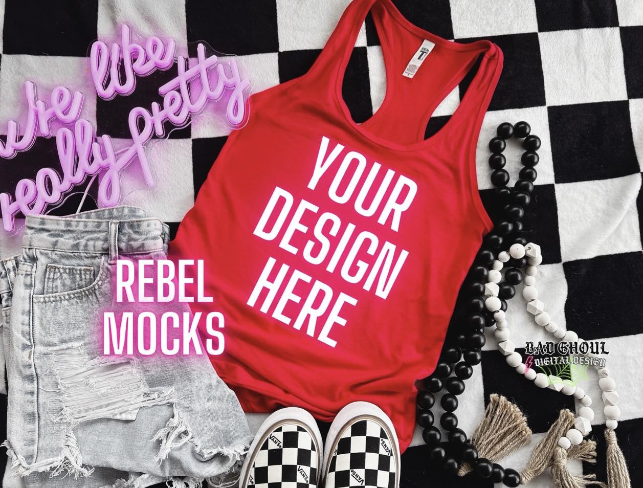 Next Level Red Tank Top Trendy Vibez Flat Lay Mock Up
